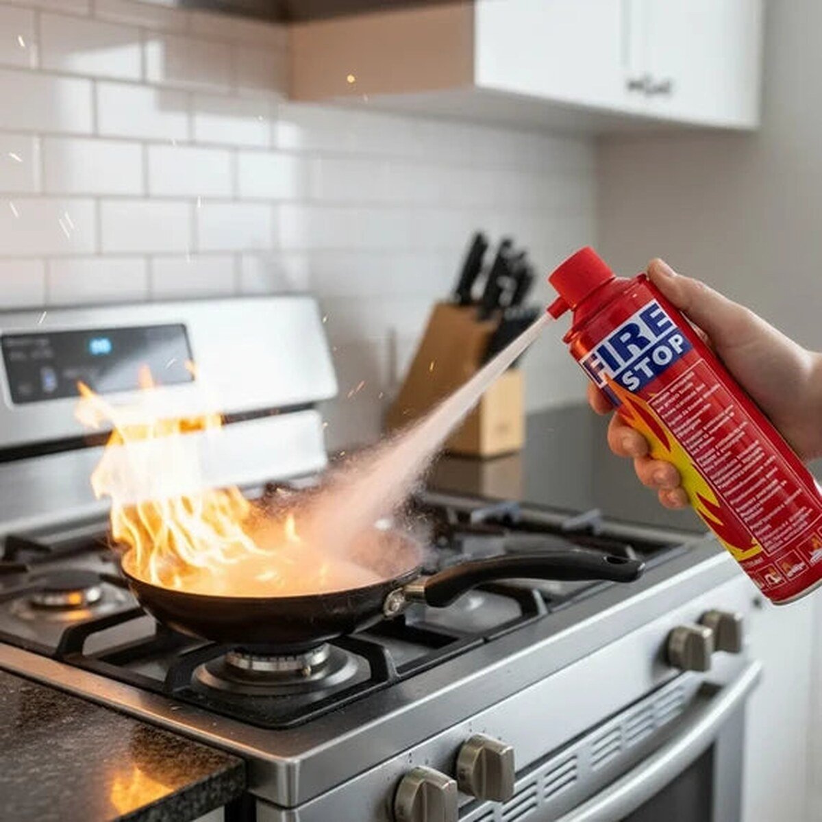 Gašenje zapaljene tave Fire Stop sprejom