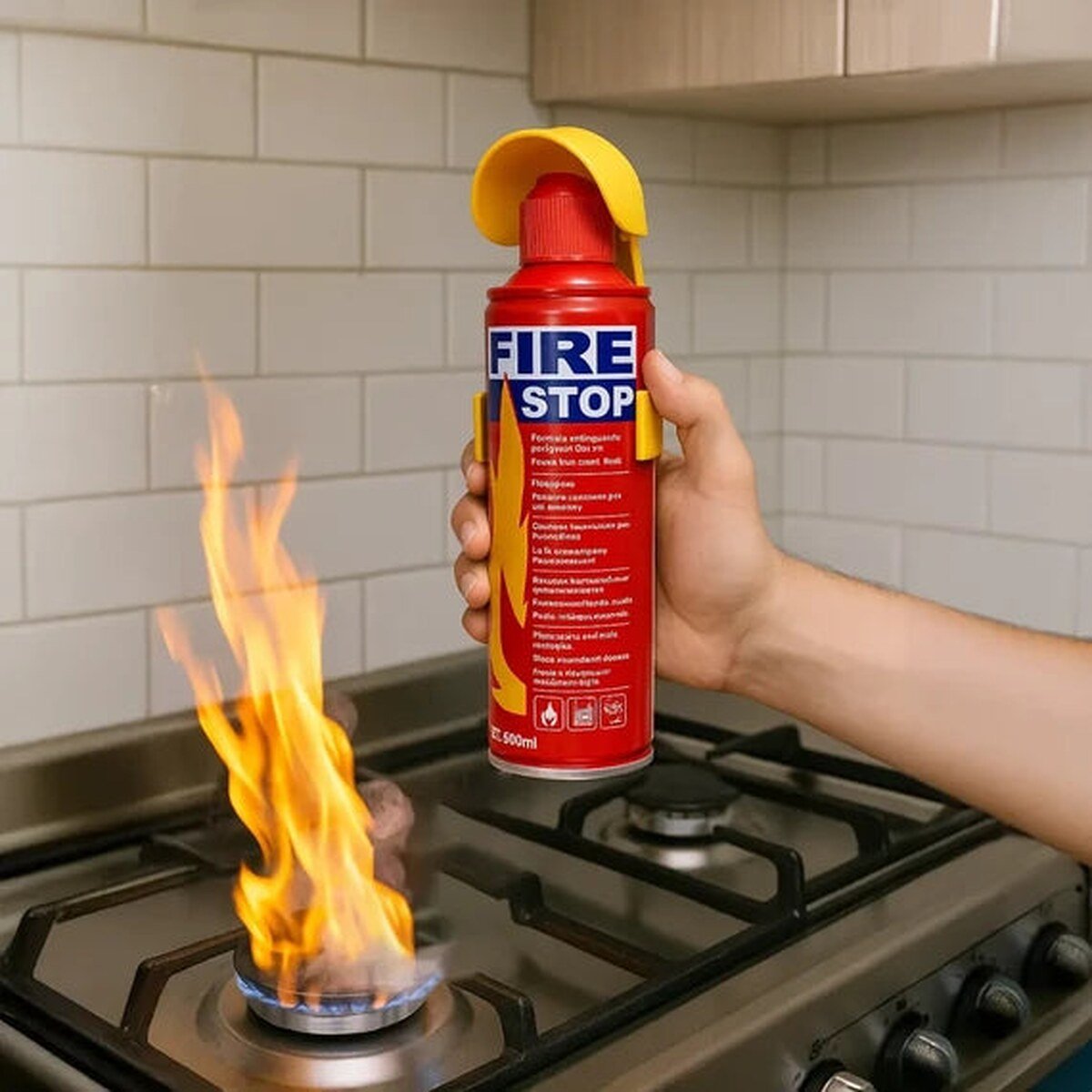 Fire Stop sprej u ruci pored štednjaka
