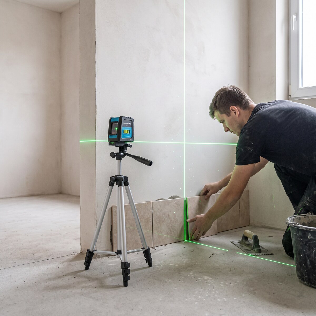Laserski nivelator projektuje zelenu liniju