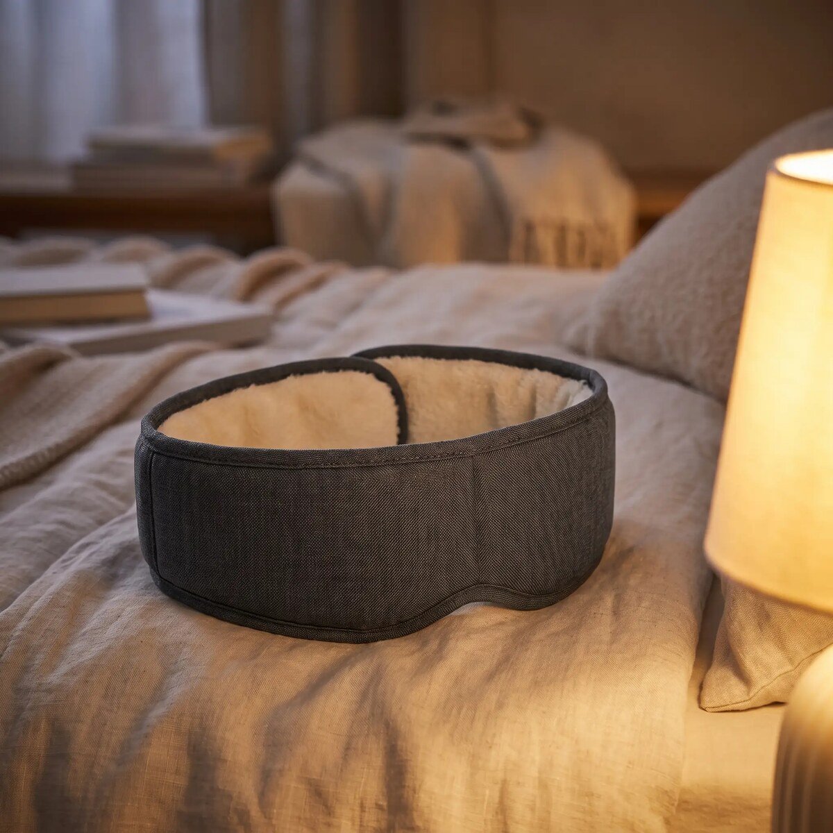 Maska za oči na krevetu uz noćnu lampu